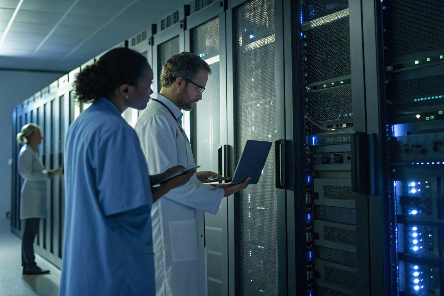 Hospital staff inspecting systems for HIPAA compliance.