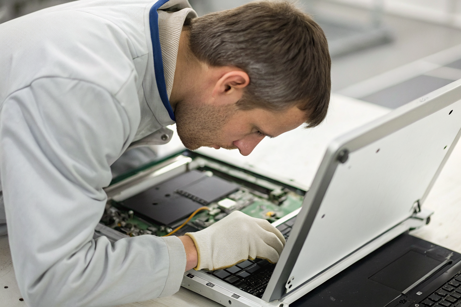 Technician examining a laptop for remarketing assessment.