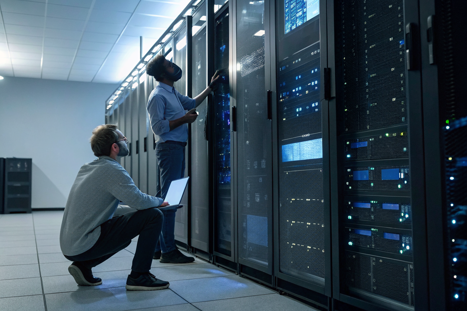 Engineers working on cloud storage devices in a modern server room.