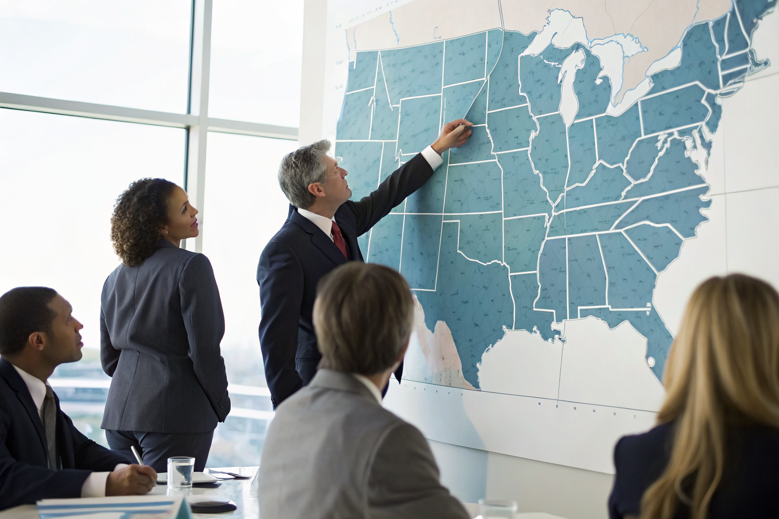 Executives analyzing a US map for state compliance in a boardroom.