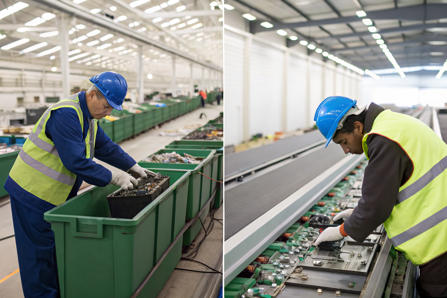 Two recycling facilities with workers sorting electronics.