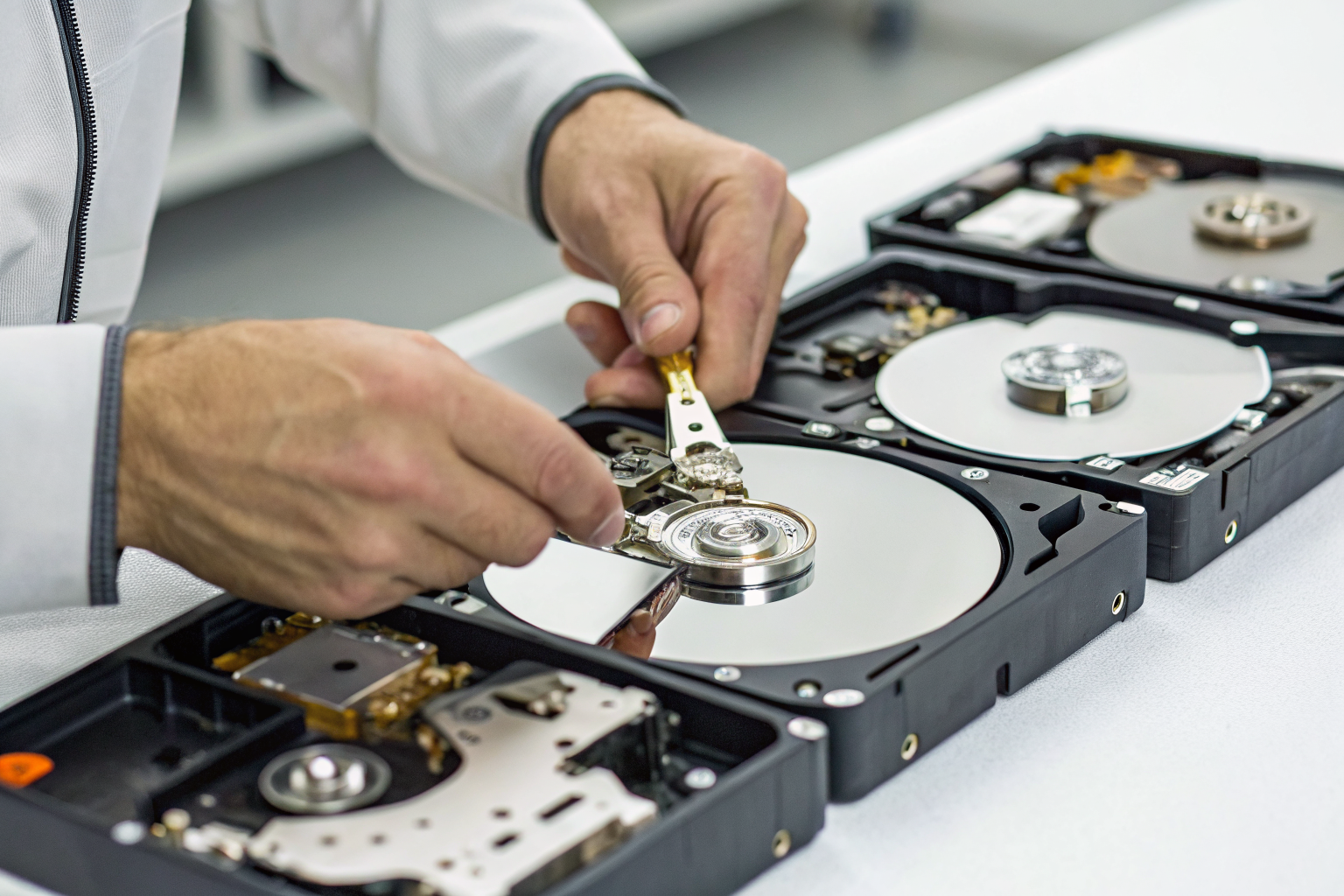 Technician sorting hard drives labeled with cost tags.