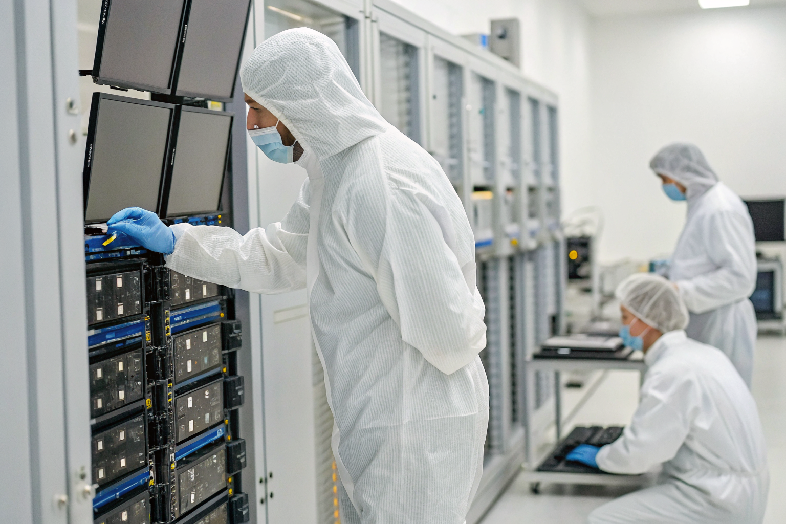 Technicians in lab analyzing storage media under screens with sanitization data.