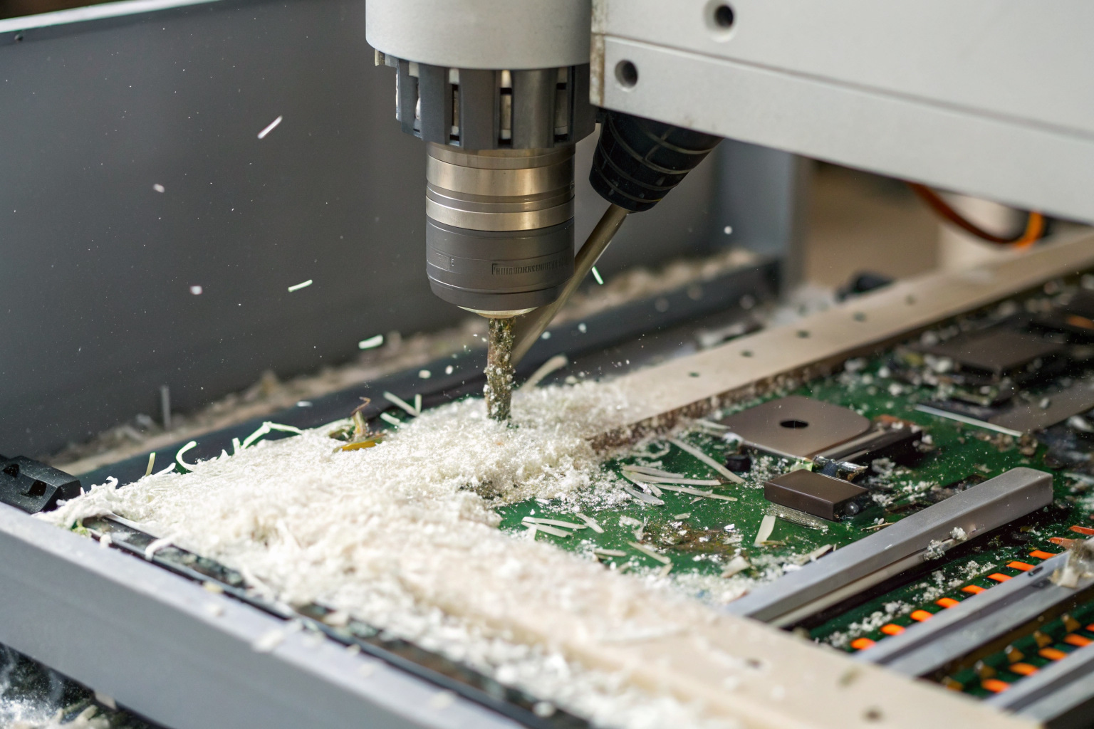 Shredding machine cutting through electronics in detailed view.