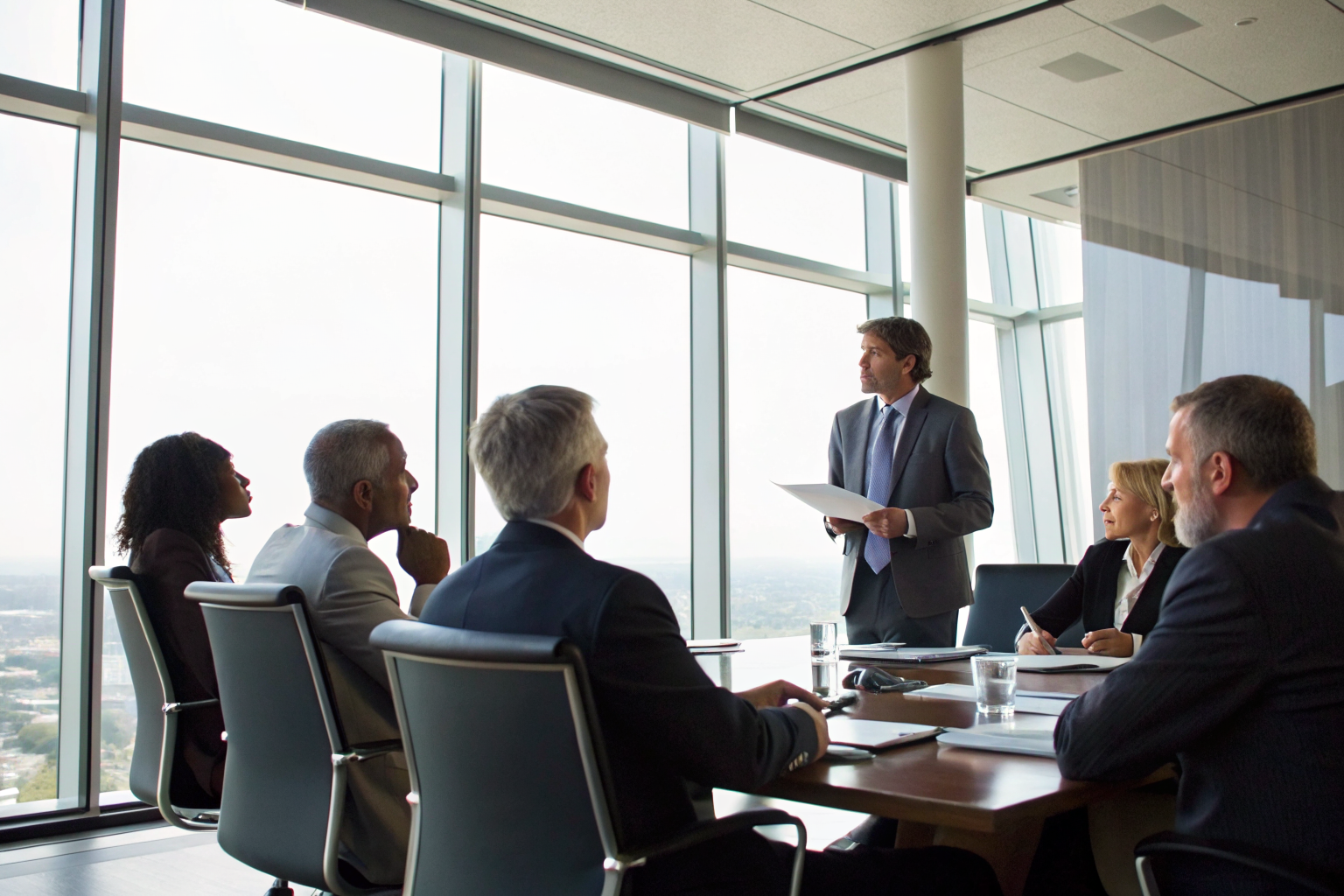 Executives in a boardroom discussing certification choices with visual aids.