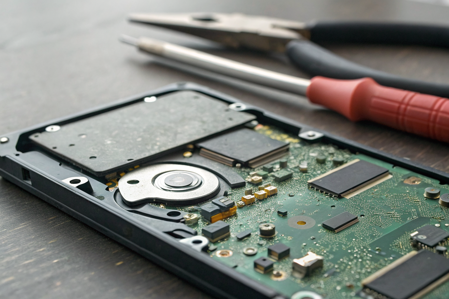 Close-up of tablet storage components with data recovery tools.