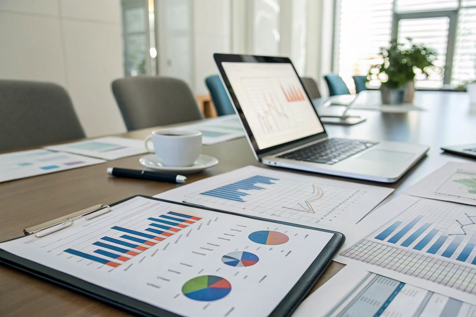 Conference table with financial documents and graphs on licensing costs.