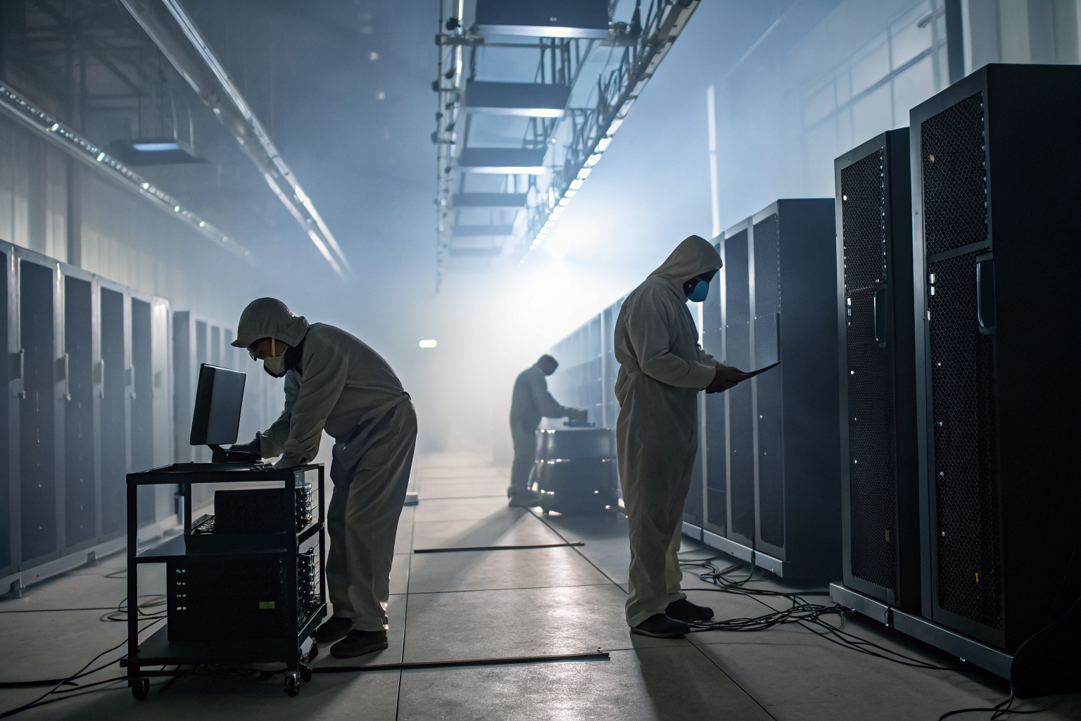 Technicians dismantling computers for secure data protection in an office.