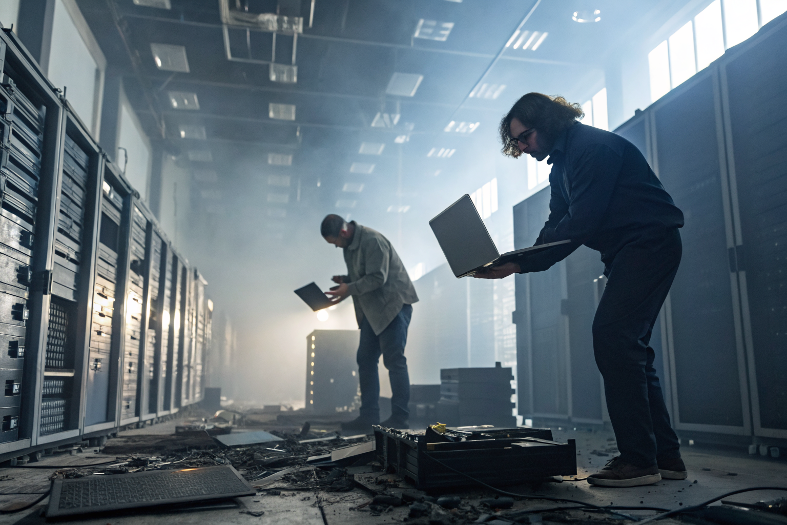 ITAD professionals in a data destruction facility with destroyed hard drives.