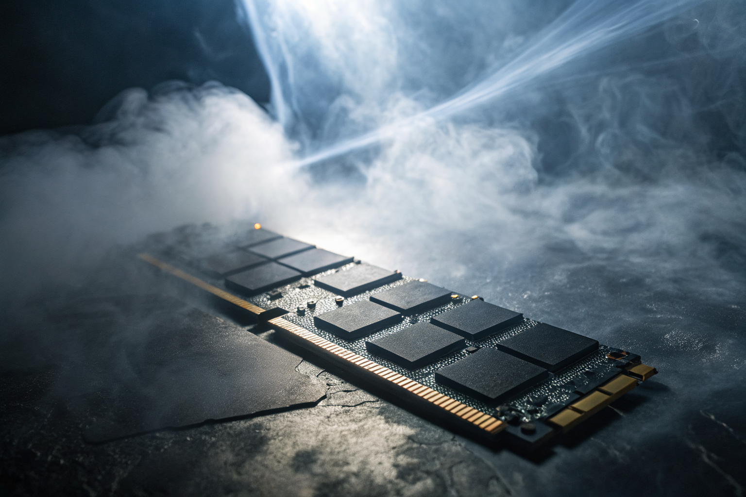 SSD with floating gate transistors under dramatic lighting and fog.