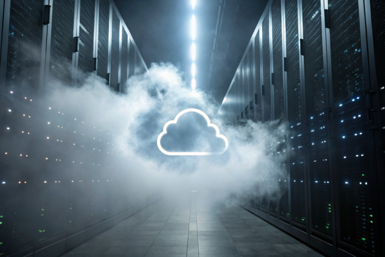 Dramatic cloud icon with digital data streams and fog, emphasizing sanitization.