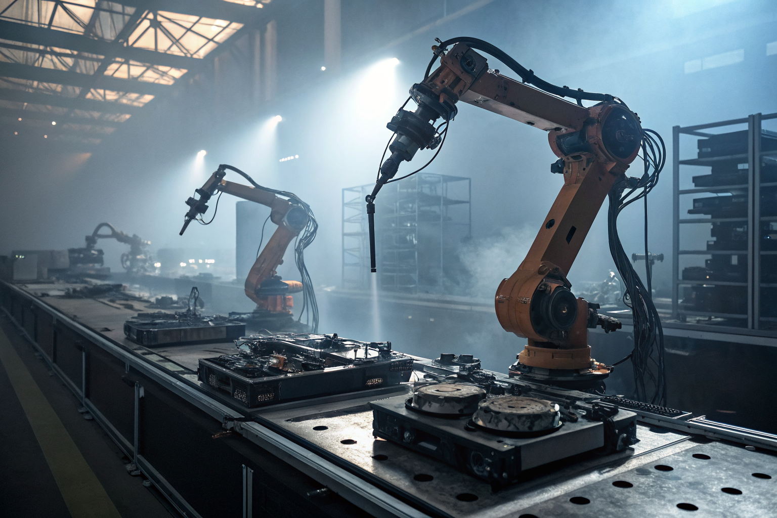 Robotic arms dismantling electronic devices in a high-tech facility.