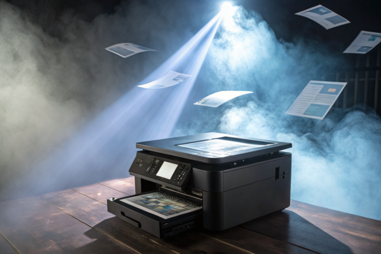 Multifunction printer with holographic document images around it.