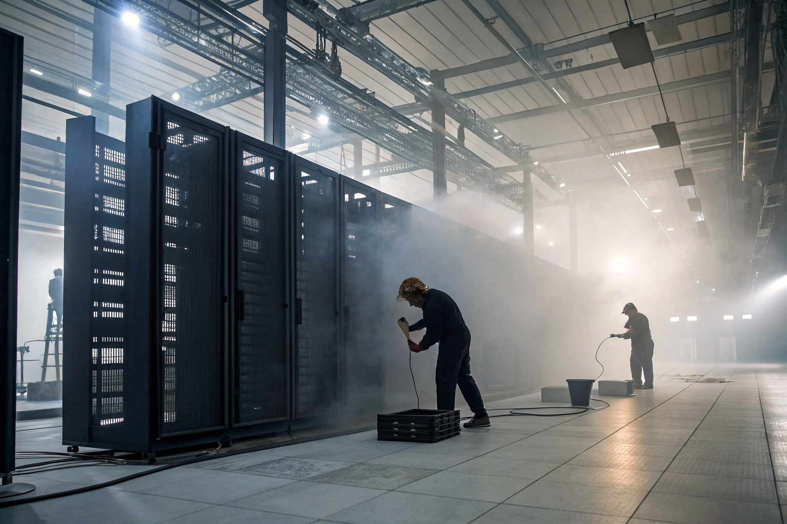 Dramatic data center decommissioning, with workers dismantling servers.