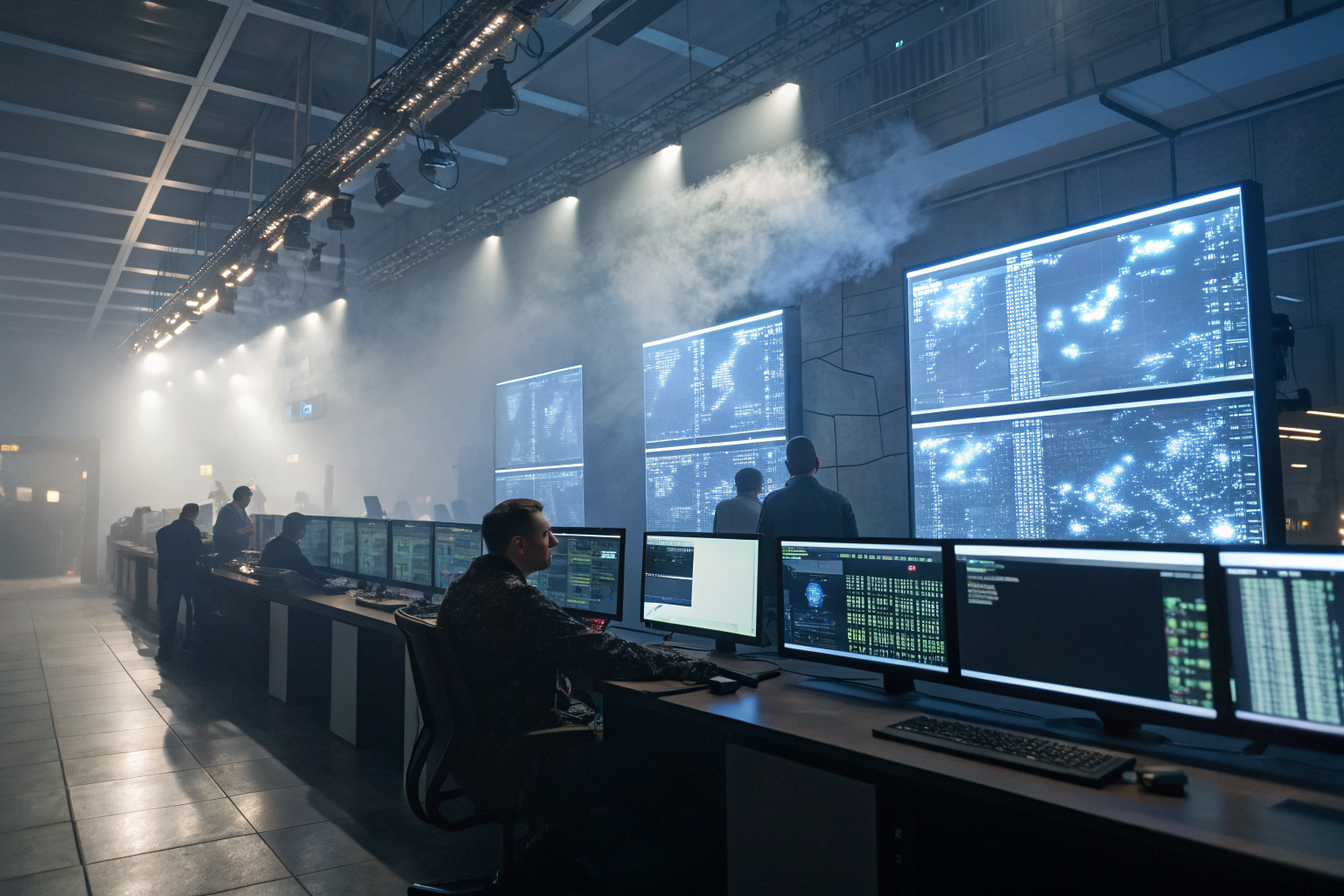 Computer lab with screens showing data erasure, dramatic lighting and fog.