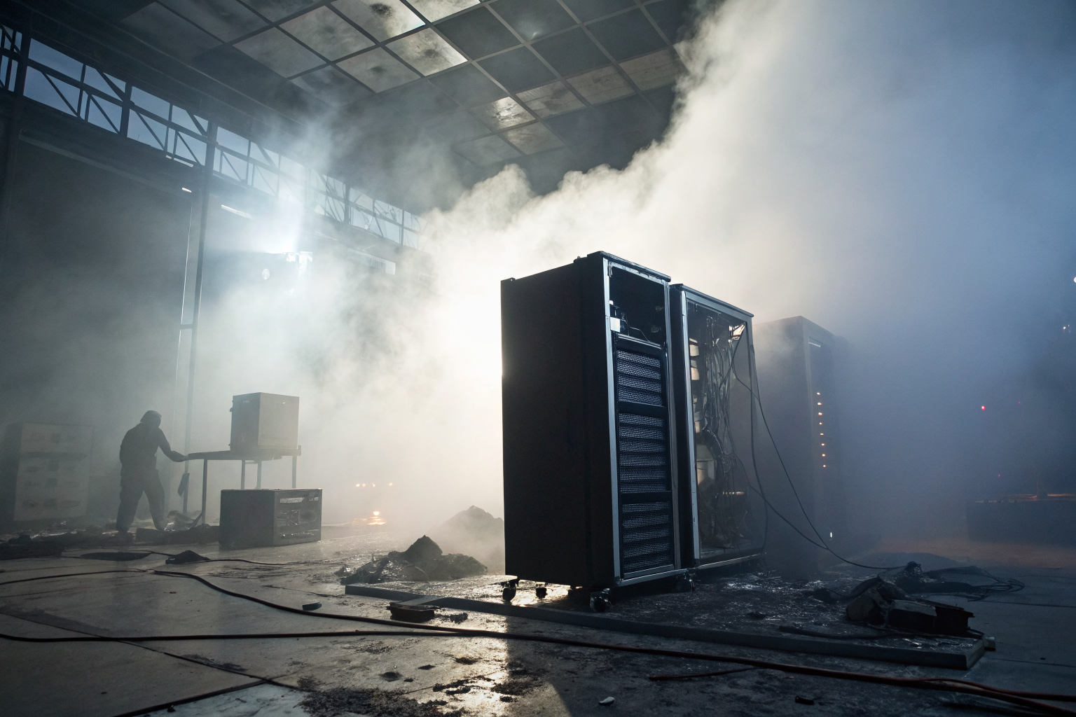 Dramatic scene of IT equipment destruction with fog and dramatic lighting.