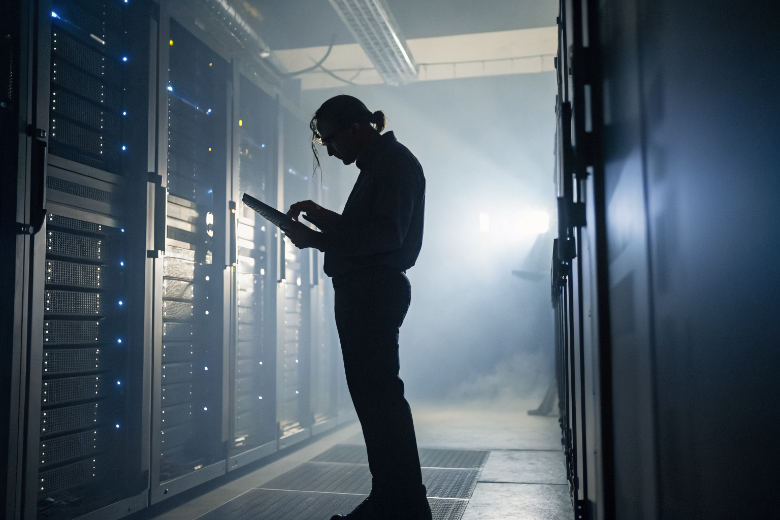 Security officer checks compliance in a server room with dramatic lighting.