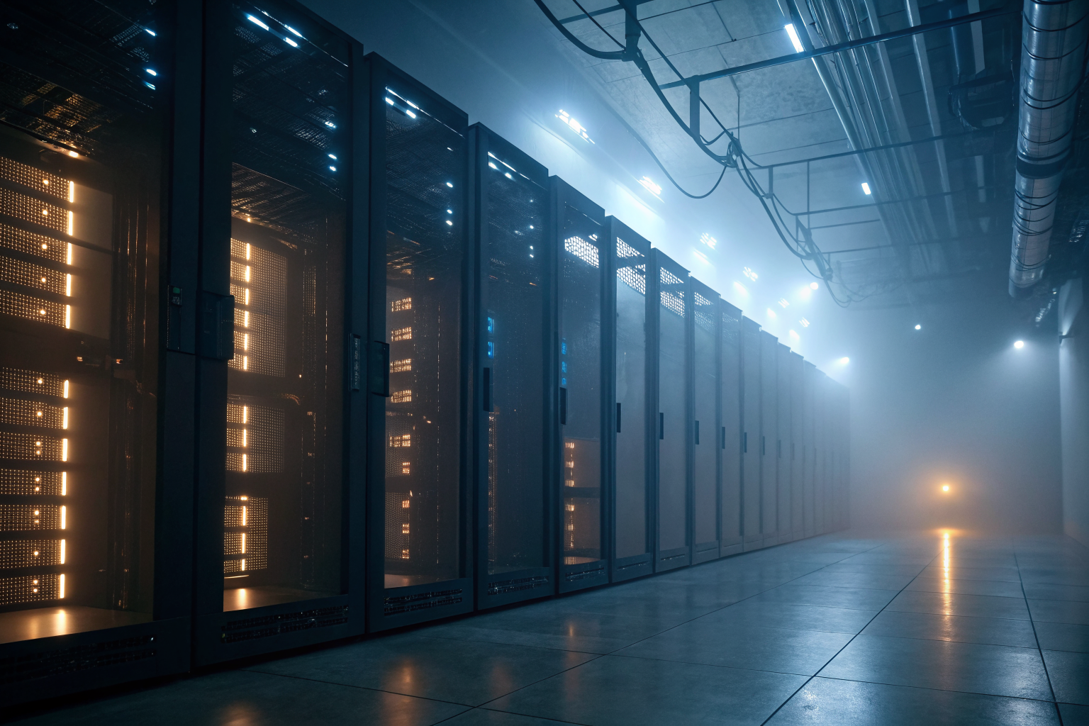 Server room with glowing computers, dramatic lighting and fog.