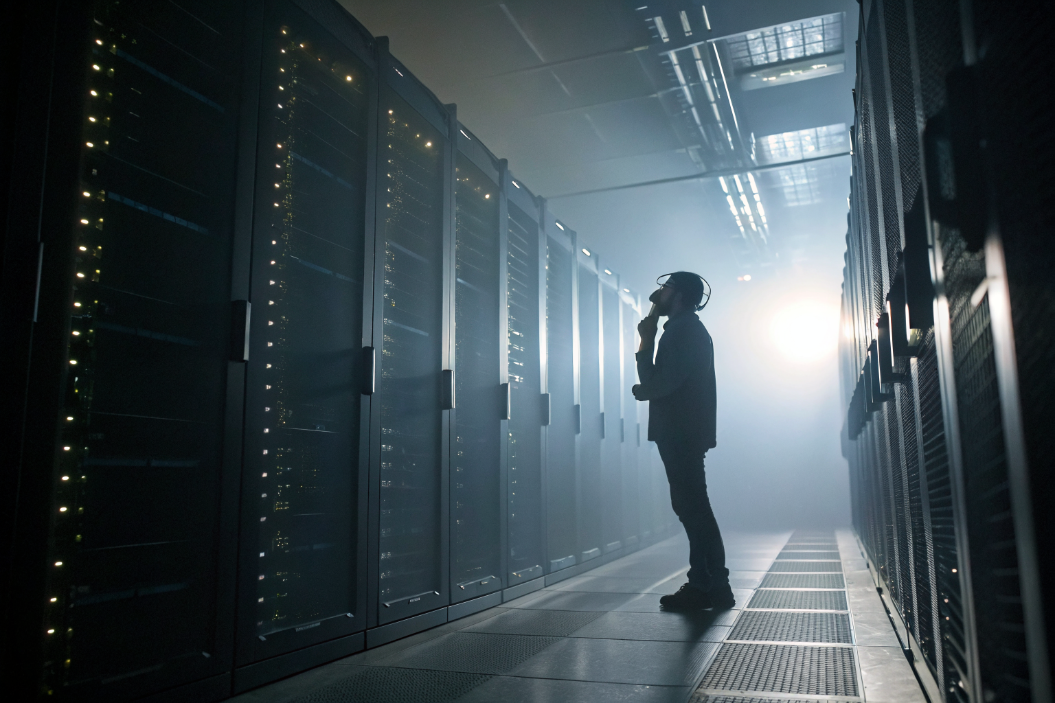 Technician in dimly lit server room with dramatic fog and detailed equipment.