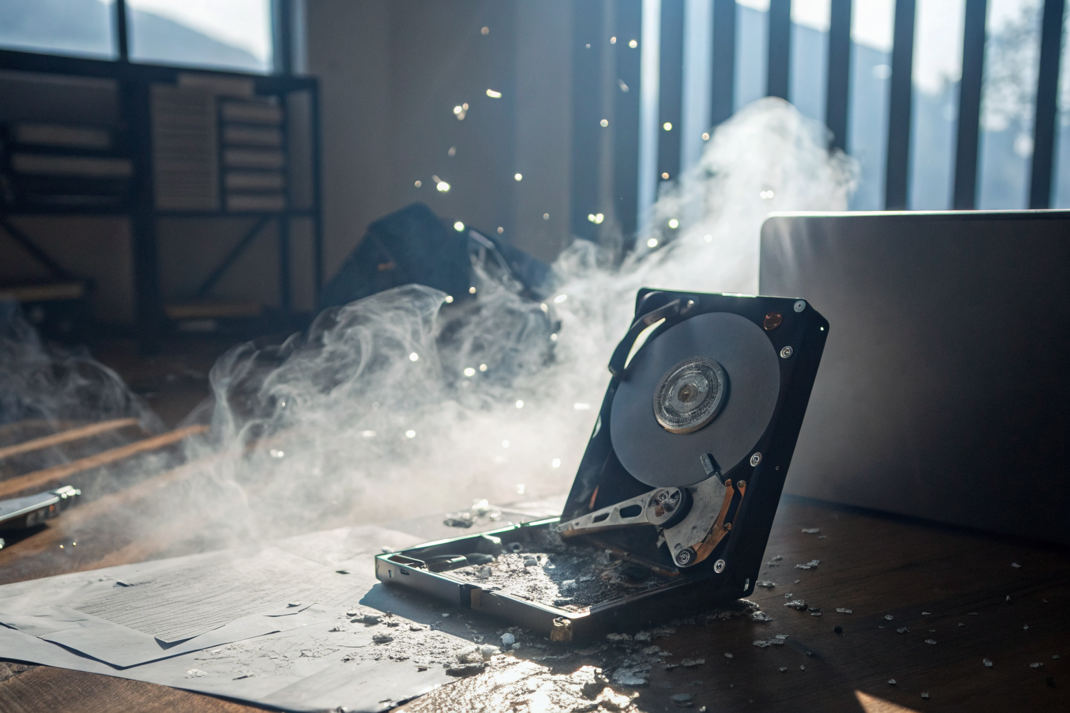 Hard drive being shredded in a financial office, dramatic lighting.