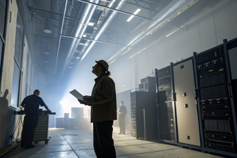 IT equipment with CUI labels in an office, dramatic lighting and fog.