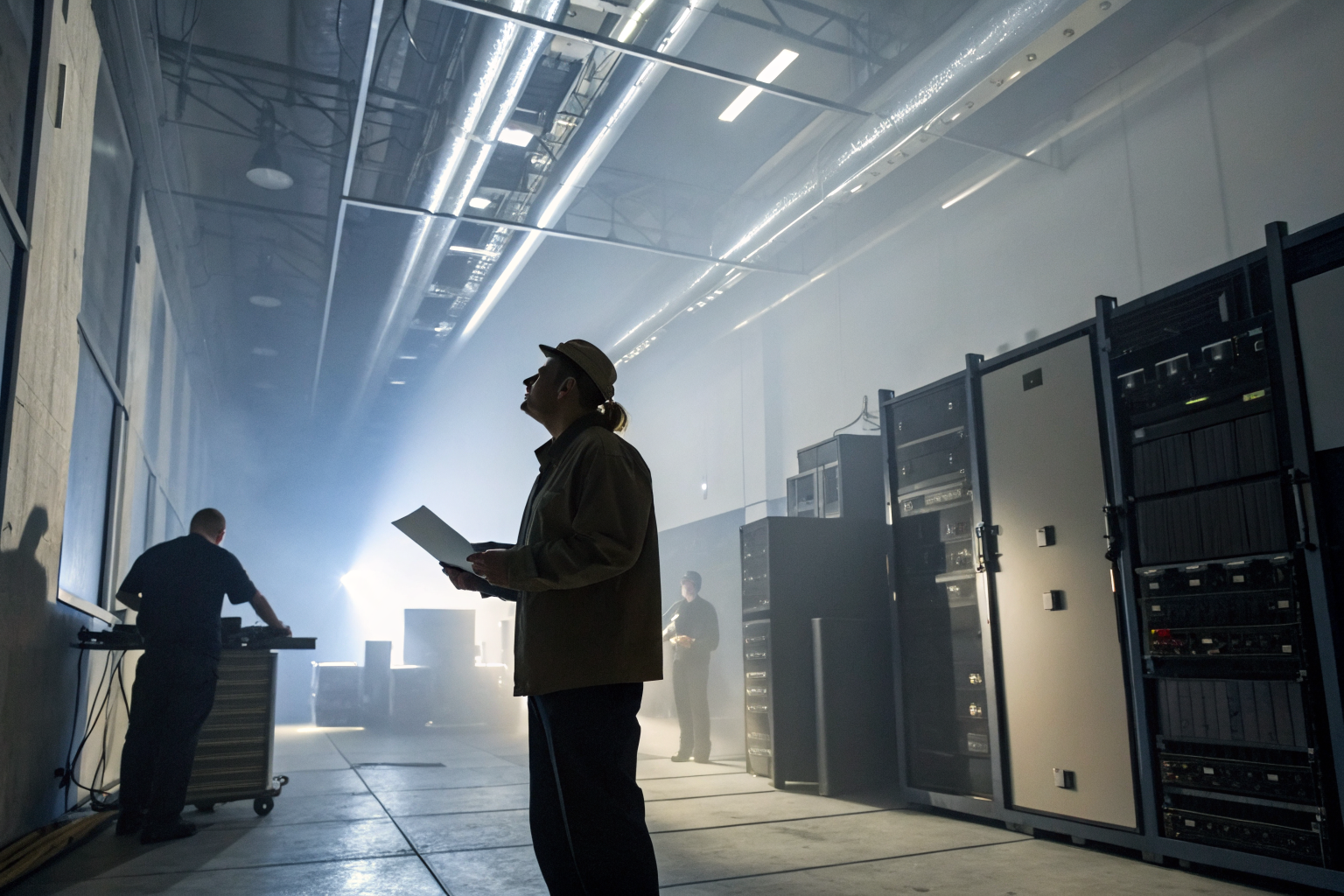 IT equipment with CUI labels in an office, dramatic lighting and fog.