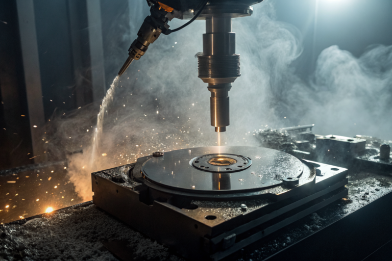 Degausser erasing data from a hard drive with swirling magnetic fields.