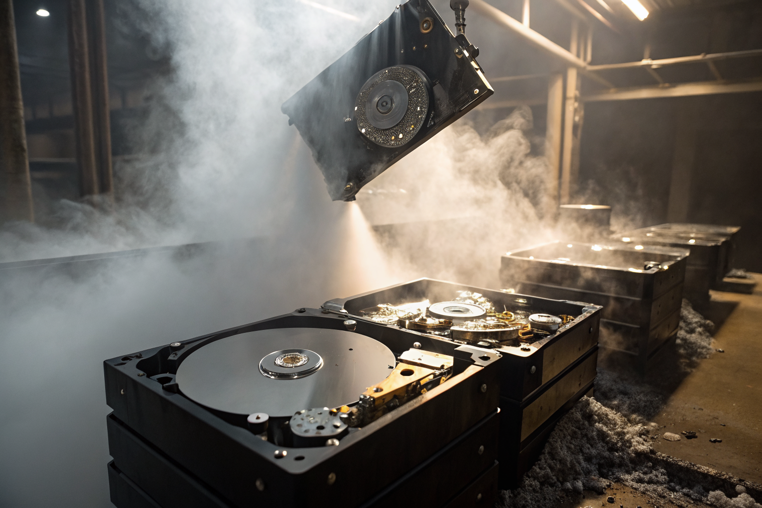 Commercial shredder destroying hard drives with dramatic lighting and fog.