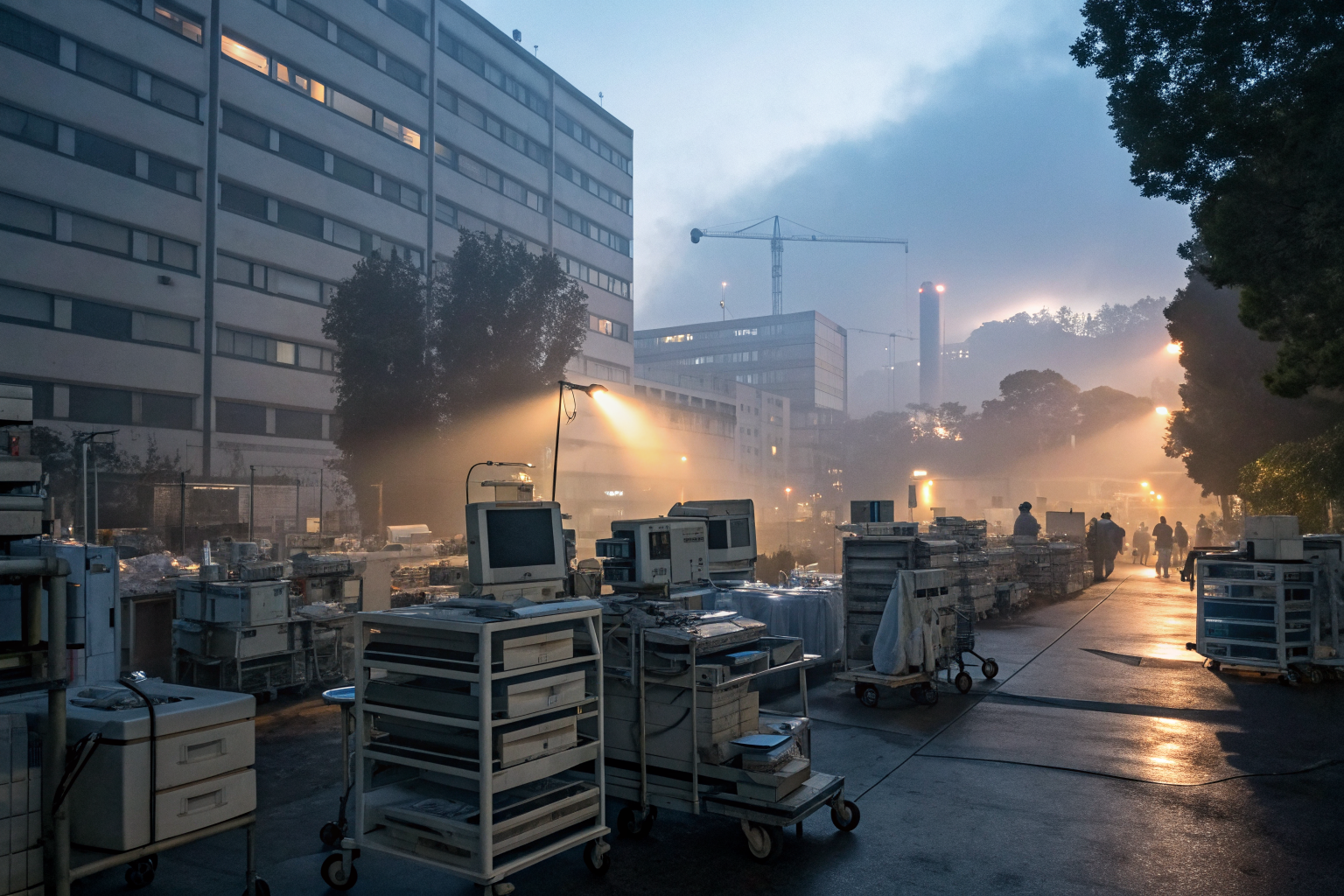 Hospital IT department with electronic devices for disposal, dramatic lighting.