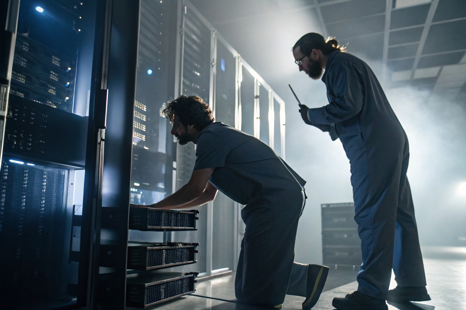 Technicians handling hard drives in a secure hospital IT setting.