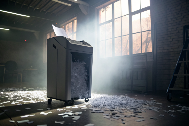 Office shredder with ePHI documents, scattered papers, dramatic lighting.