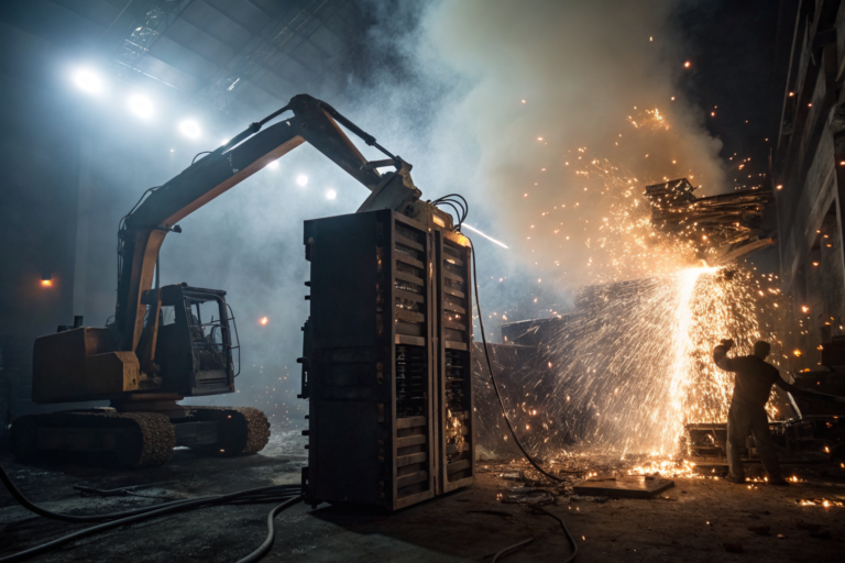 IT equipment being shredded with sparks and machinery in dramatic lighting.