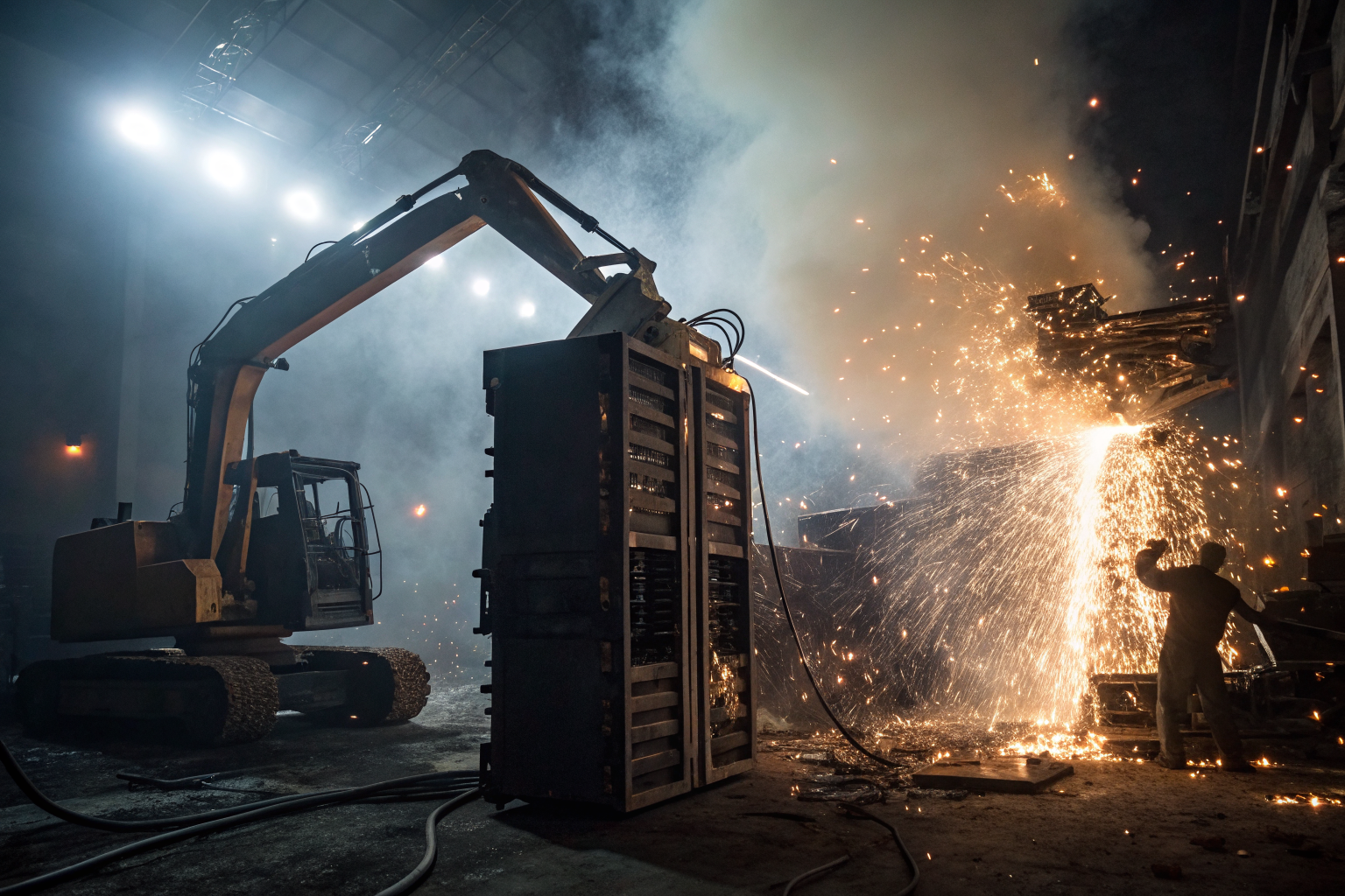 IT equipment being shredded with sparks and machinery in dramatic lighting.