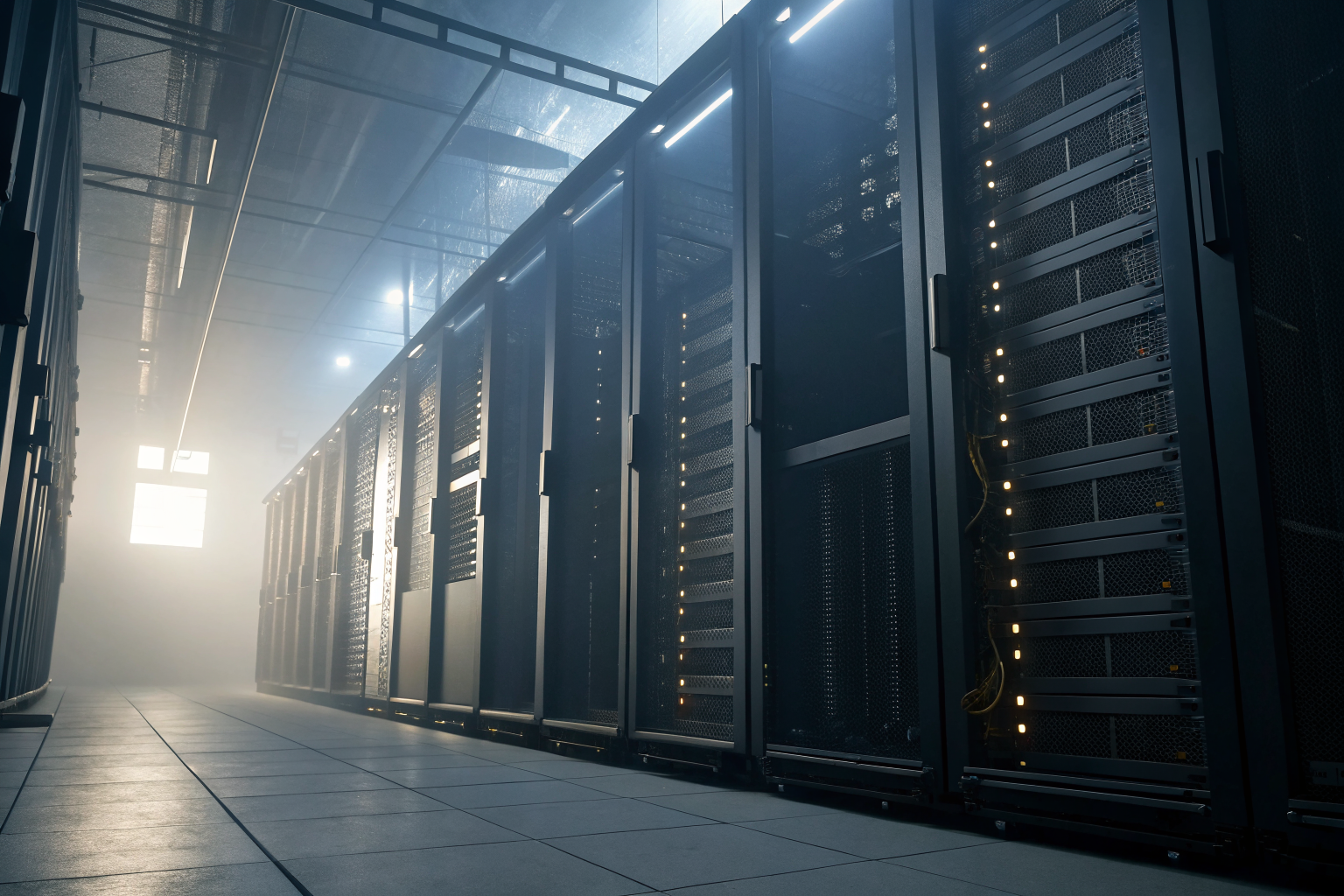 Server room with disassembled components, dramatic lighting, and volumetric fog.