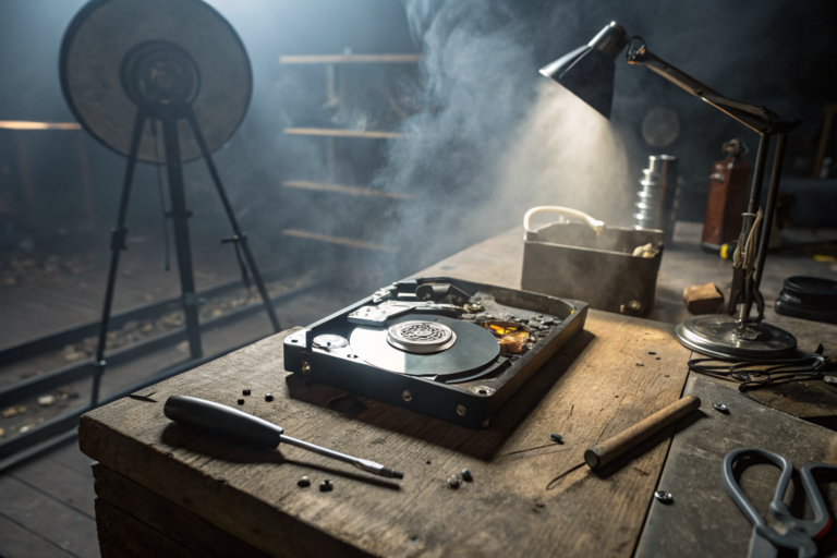 Disassembled hard drive on workbench with technical tools and dramatic lighting.