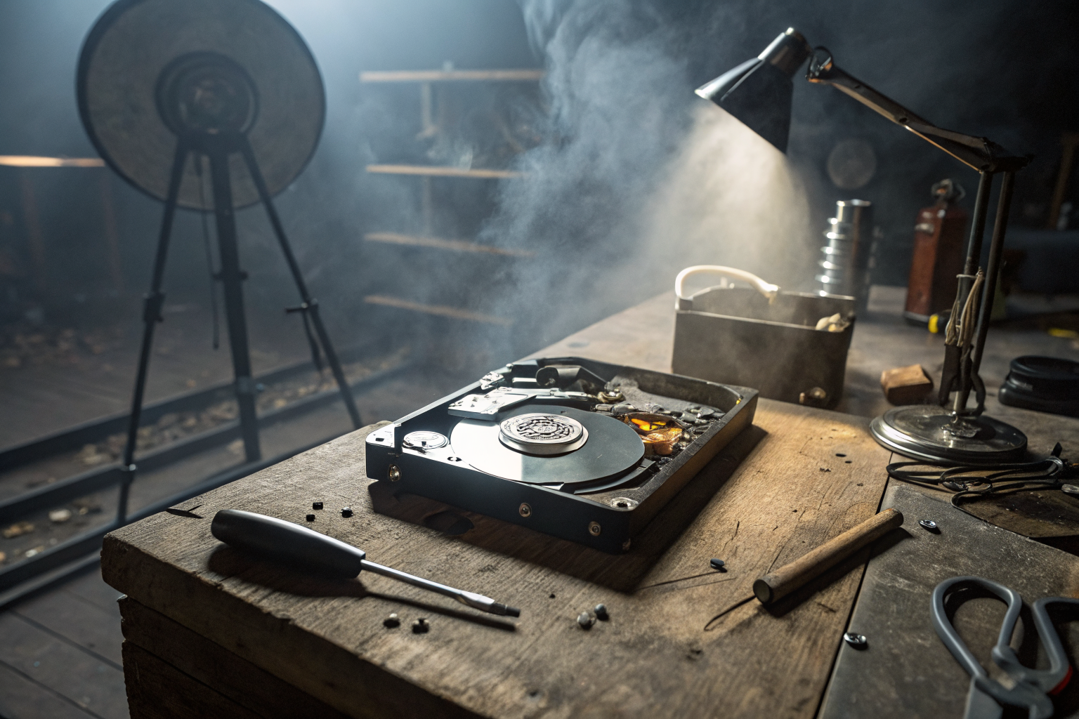 Disassembled hard drive on workbench with technical tools and dramatic lighting.