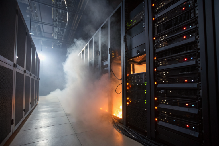 Network switches and smart devices with dramatic lighting in a foggy scene.