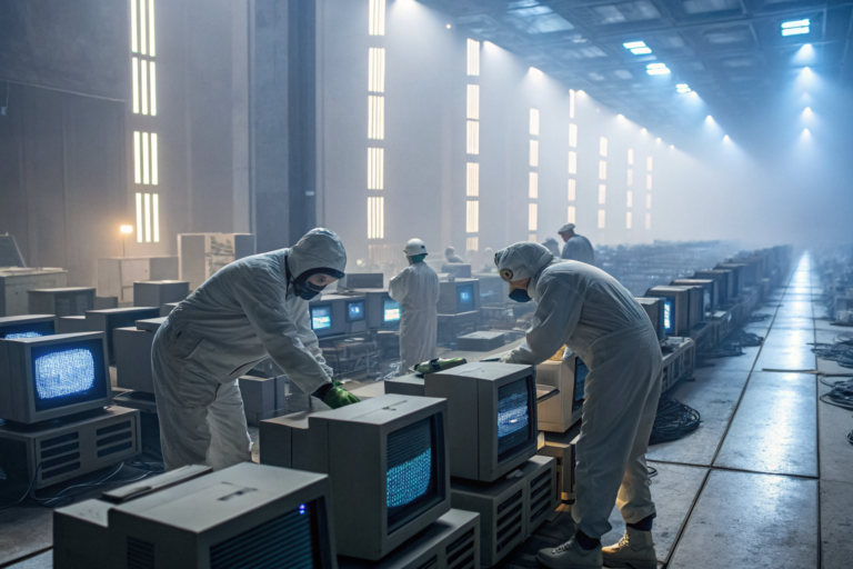 Technicians auditing IT equipment in a high-tech office with compliance screens.