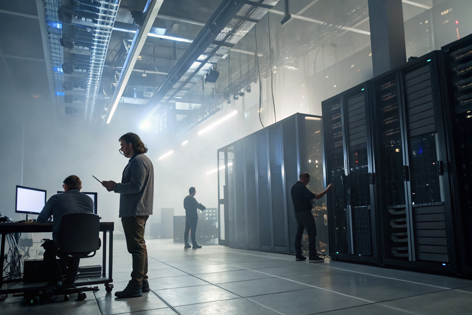 Modern facility with IT equipment being tracked by professionals in dramatic lighting.