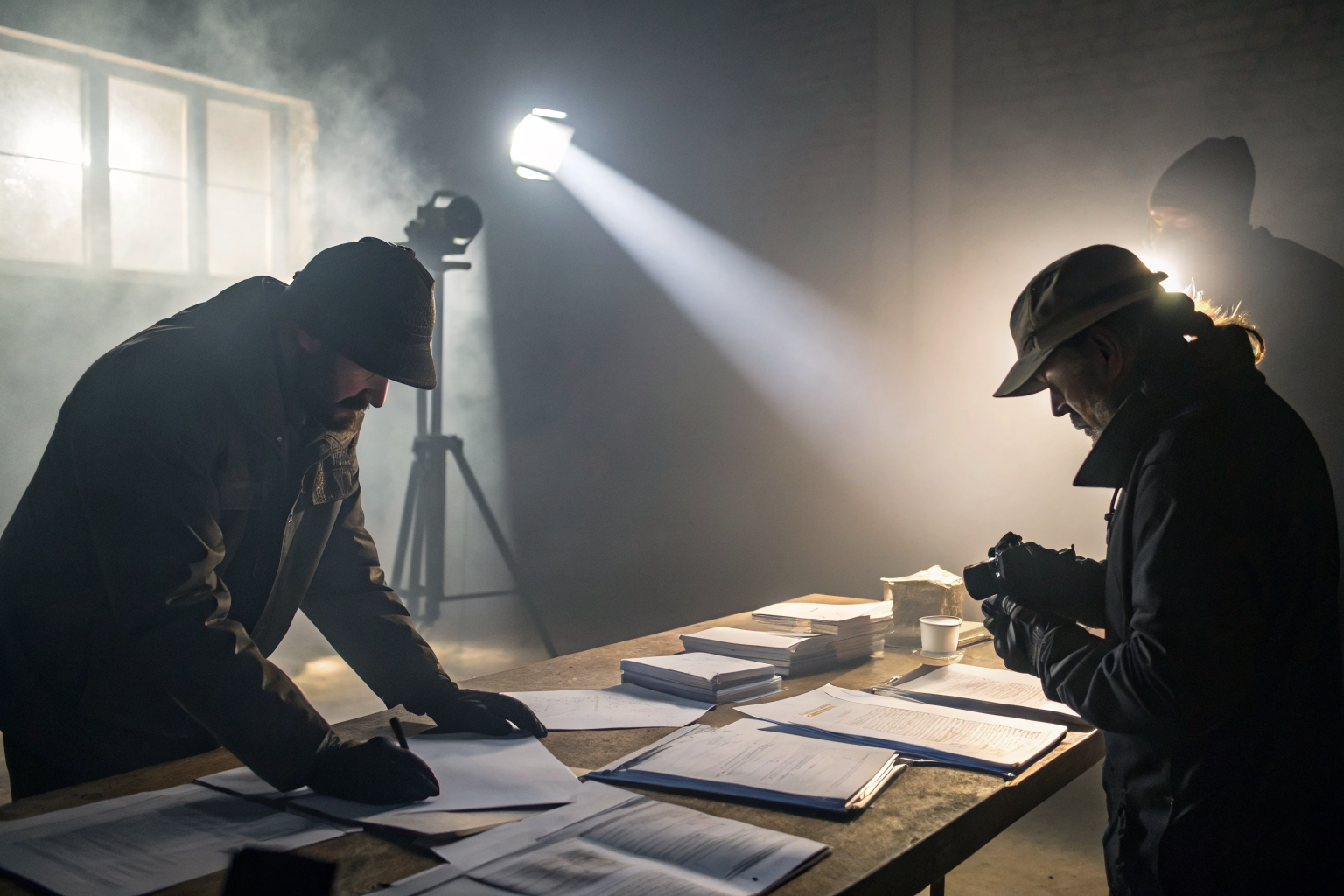 ITAD audit papers and certificates on a table with dramatic lighting and fog.