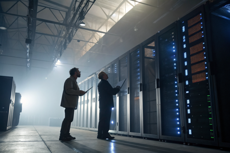 IT professionals inspecting servers in a warehouse with digital displays.