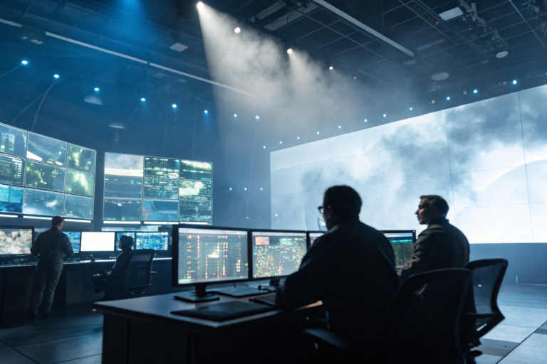 Futuristic control room with specialists and multiple screens, dramatic lighting.