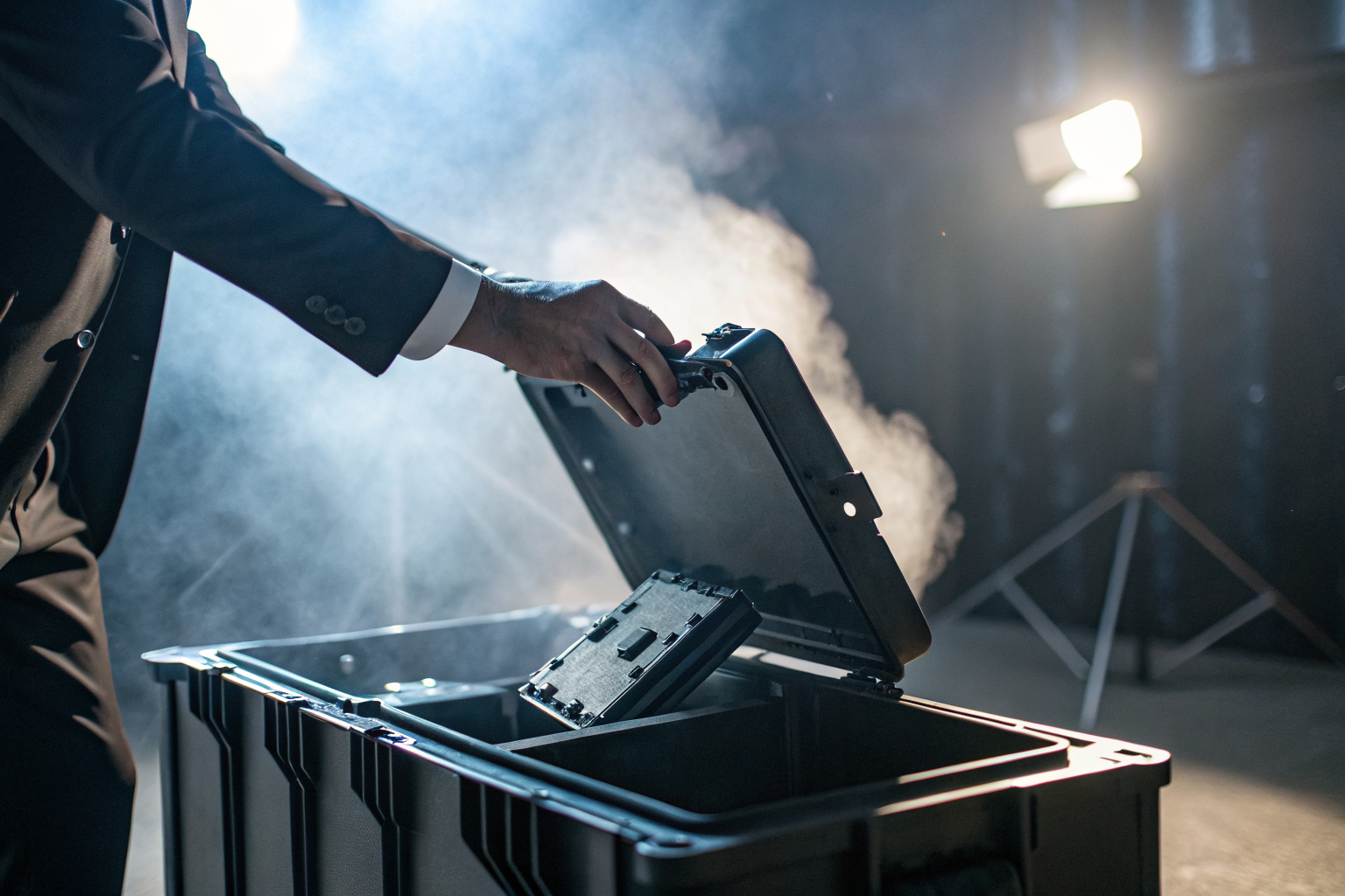 Lawyer disposing of hard drive securely in dramatic lighting.
