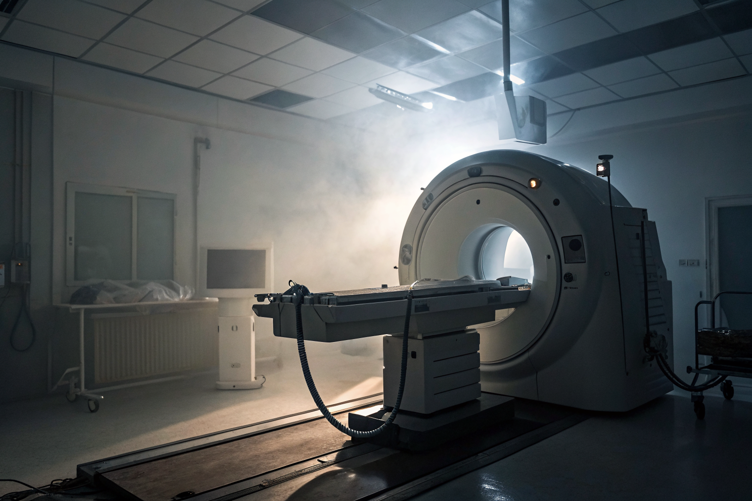MRI machine in dim light with cables and storage components.