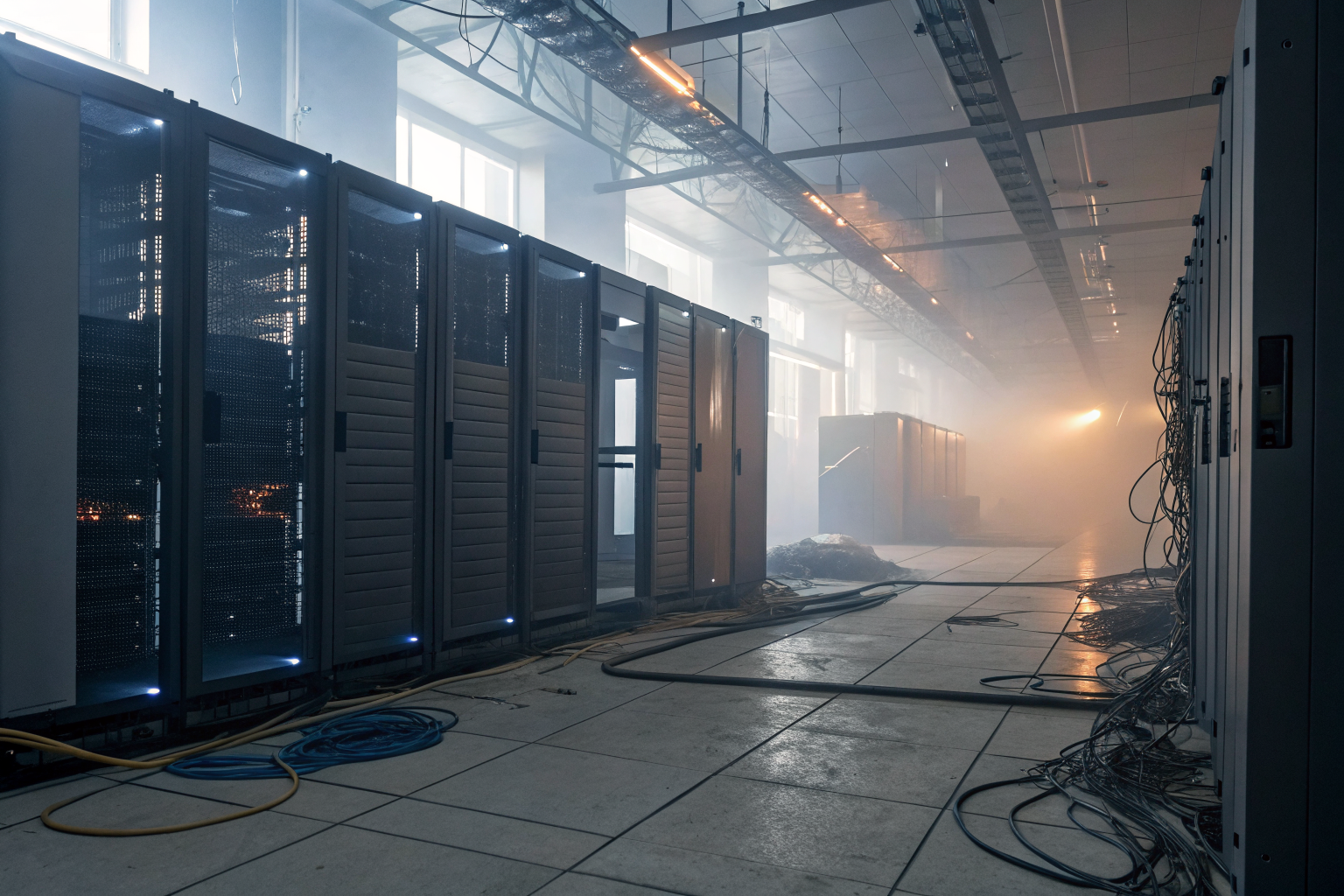Neglected data center with exposed cables and disorganized servers.