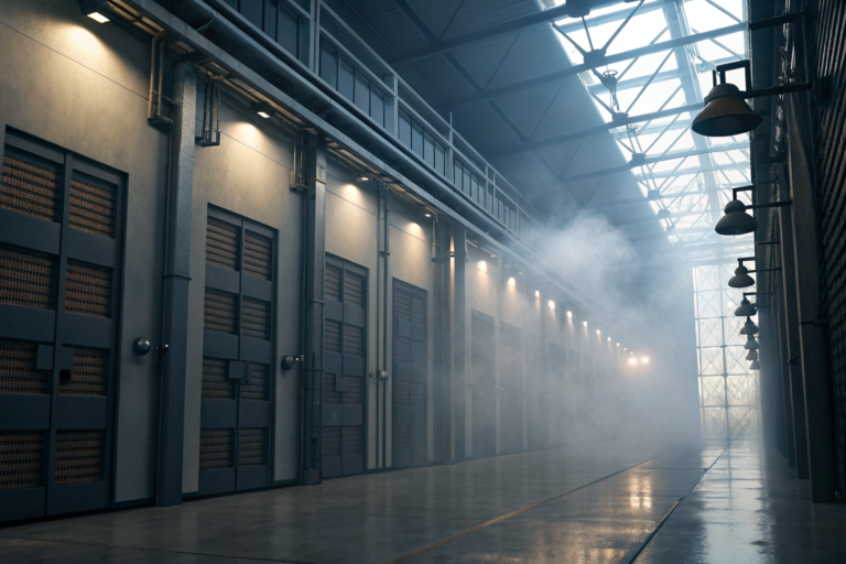 A secure data destruction facility with surveillance cameras and locked doors.