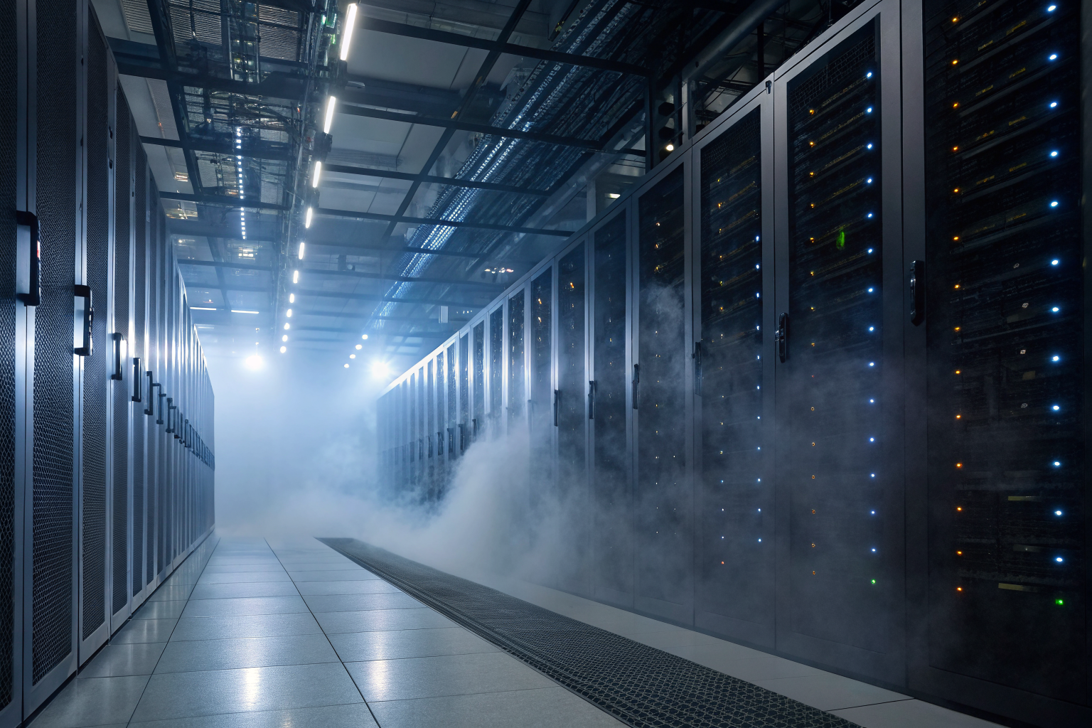Data center with servers, dramatic lighting and volumetric fog, high detail.