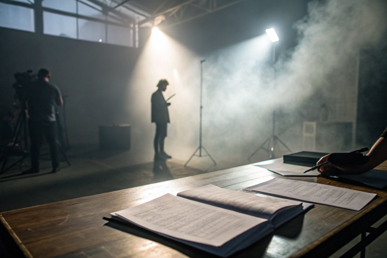 Compliance documents on a desk with dramatic lighting and fog, conveying urgency.