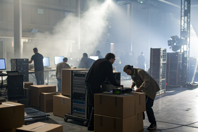Workers packing IT equipment during an office move with dramatic lighting.
