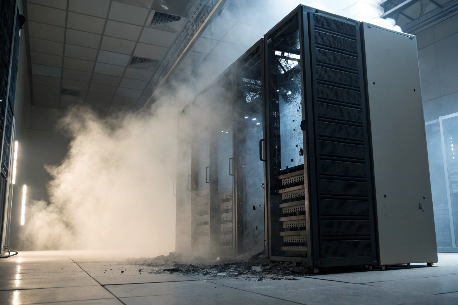 Two data servers being destroyed in separate settings with dramatic lighting.